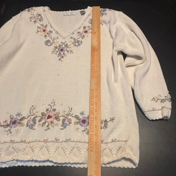 Vtg Carolyn Taylor Sweater Large White Pearl Accents Cottagecore Grannycore - Picture 4 of 6